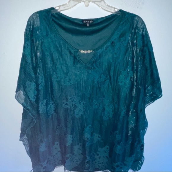 🔥3 for $23🔥 Green Layered Lace Blouse With Pearl Accent - Picture 8 of 8